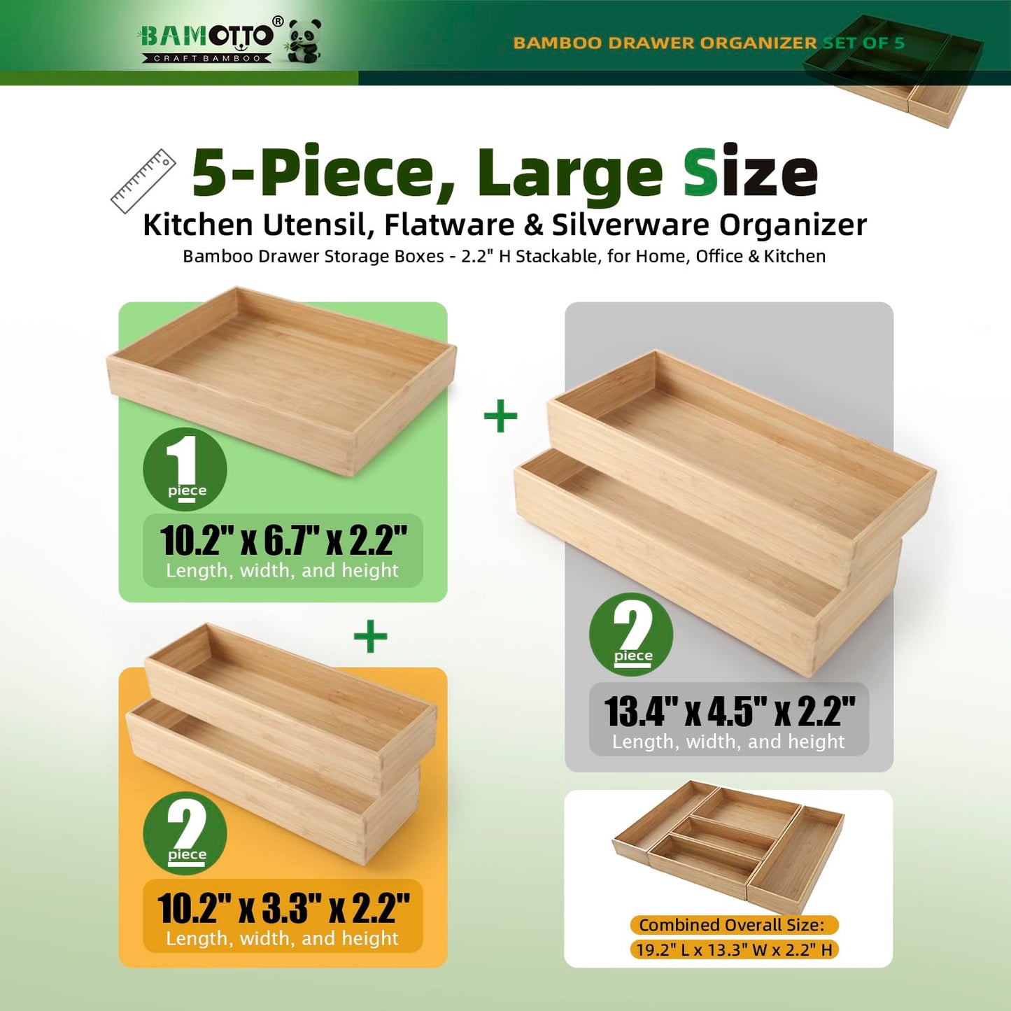 BAMOTTO CRAFTBAMBOO Stack Bamboo Drawer Organizer Set of 5, Kitchen Utensil, Flatware&Silverware Organizer-Wood Laminated Stackable for Kitchen, Bedroom, 13.4''x4.5''*2+10.2''x3.3''*2+10.2''x6.7''*1