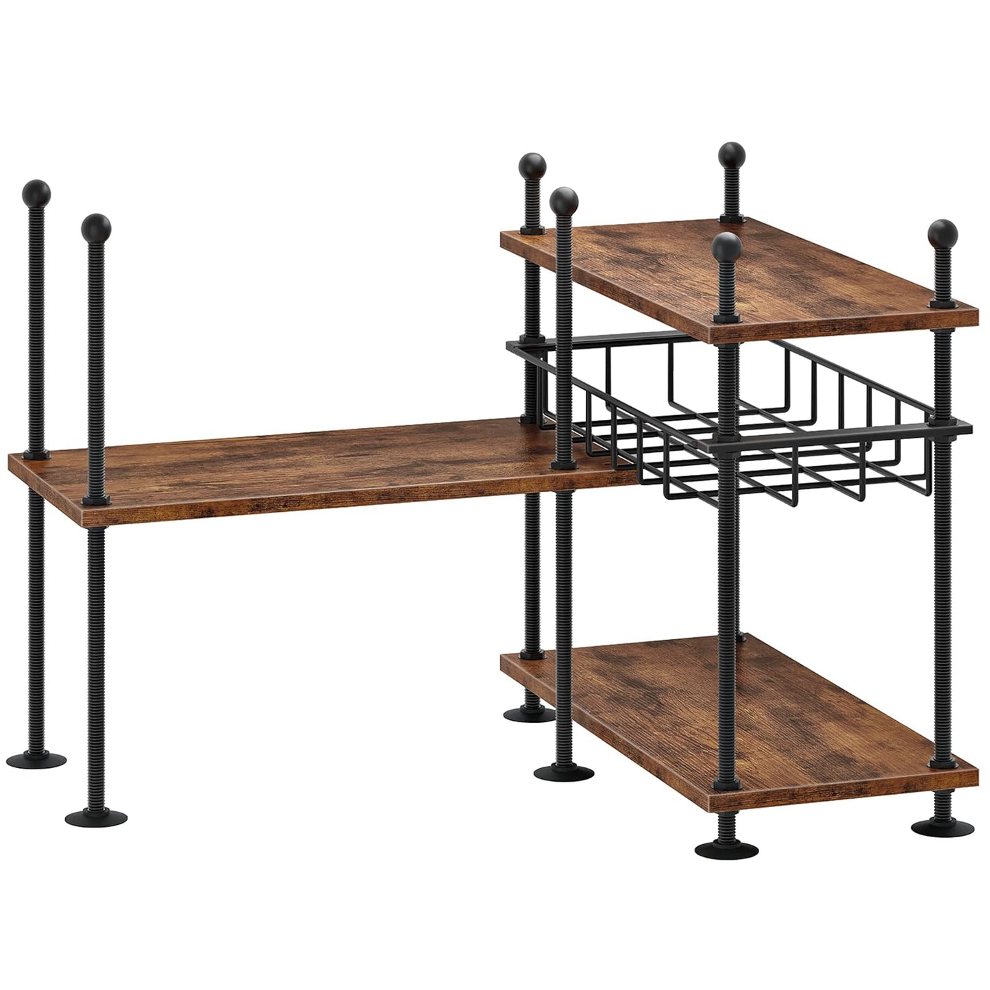 HOOBRO Kitchen countertop Organizer, 4-Tier Adjustable Kitchen Storage Shelf with Rods & Leveling Feet, 3 Configurations, for Cabinet, Countertop, Bathroom, Office, Rustic Brown and Black BF21TL01