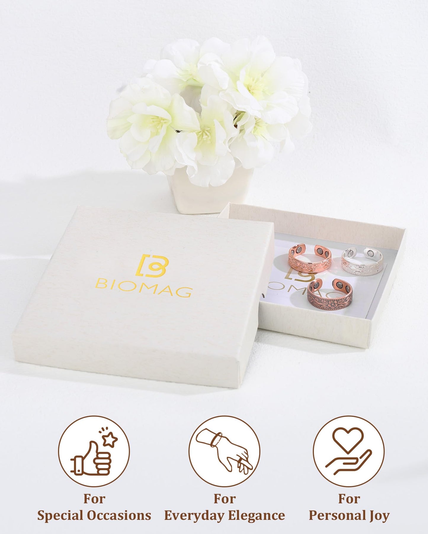 BioMag Magnetic Lymphatic Drainage Ring Set, 3Pcs 99.99% Pure Copper Rings for Women with 3500 Gauss Magnets, Adjustable Size, Floral Branch and Leaf Pattern