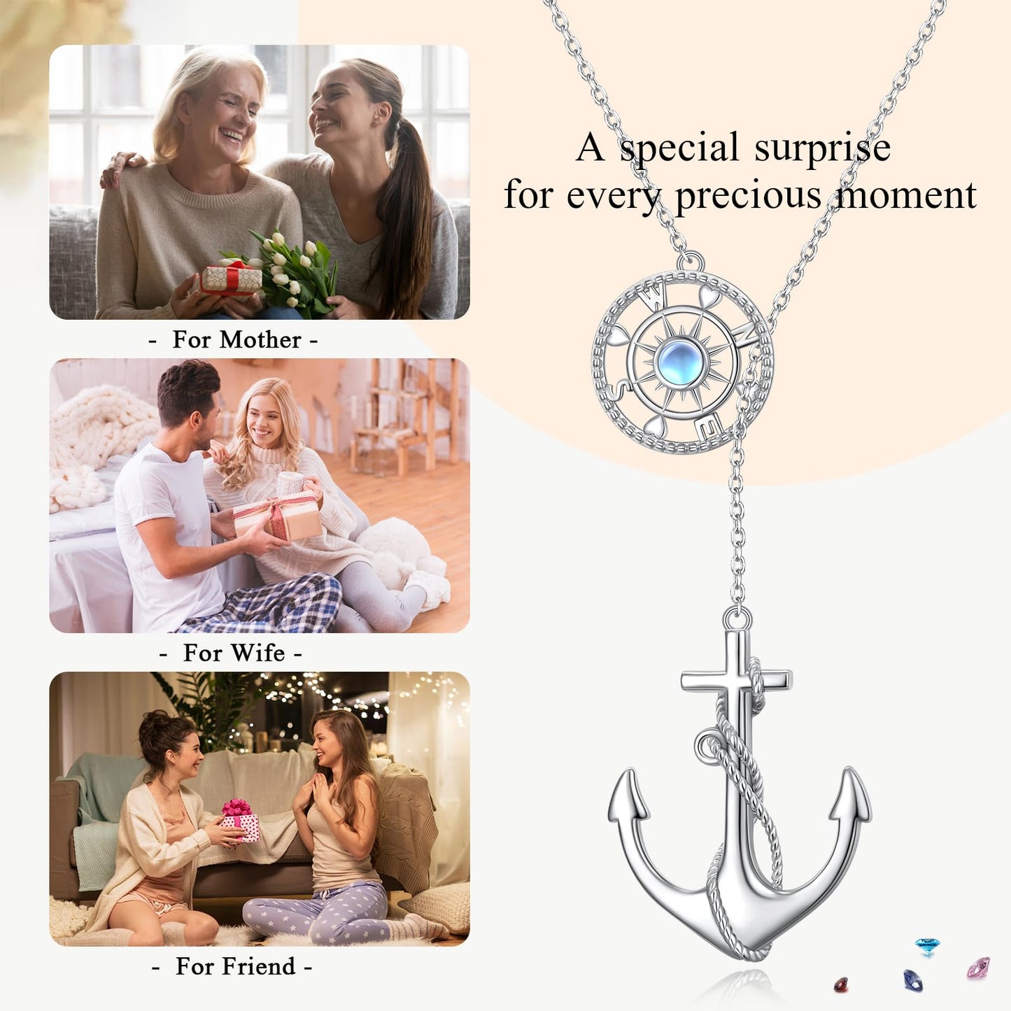 Anchor Necklace for Women 925 Sterling Silver Anchor Pendant Necklace with Moonstone Anchor Jewelry Y Shaped Lariat Style Necklace Polished Nautical Anchor Rope Fine Jewelry 30 inch for Love One