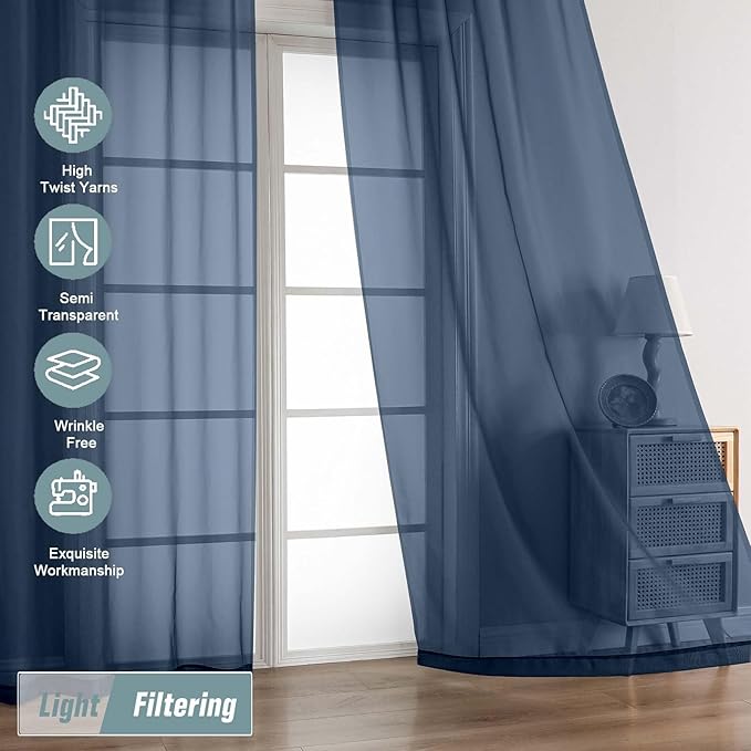 Navy Blue Sheer Curtains for Window 96 Inches Long 2 Panels, Soft Airy Light Filtering Voile Sheer Curtains for Living Room Bedroom, Dual Rod Pocket Elegant Window Drapes, 2x42Wx96L Inches