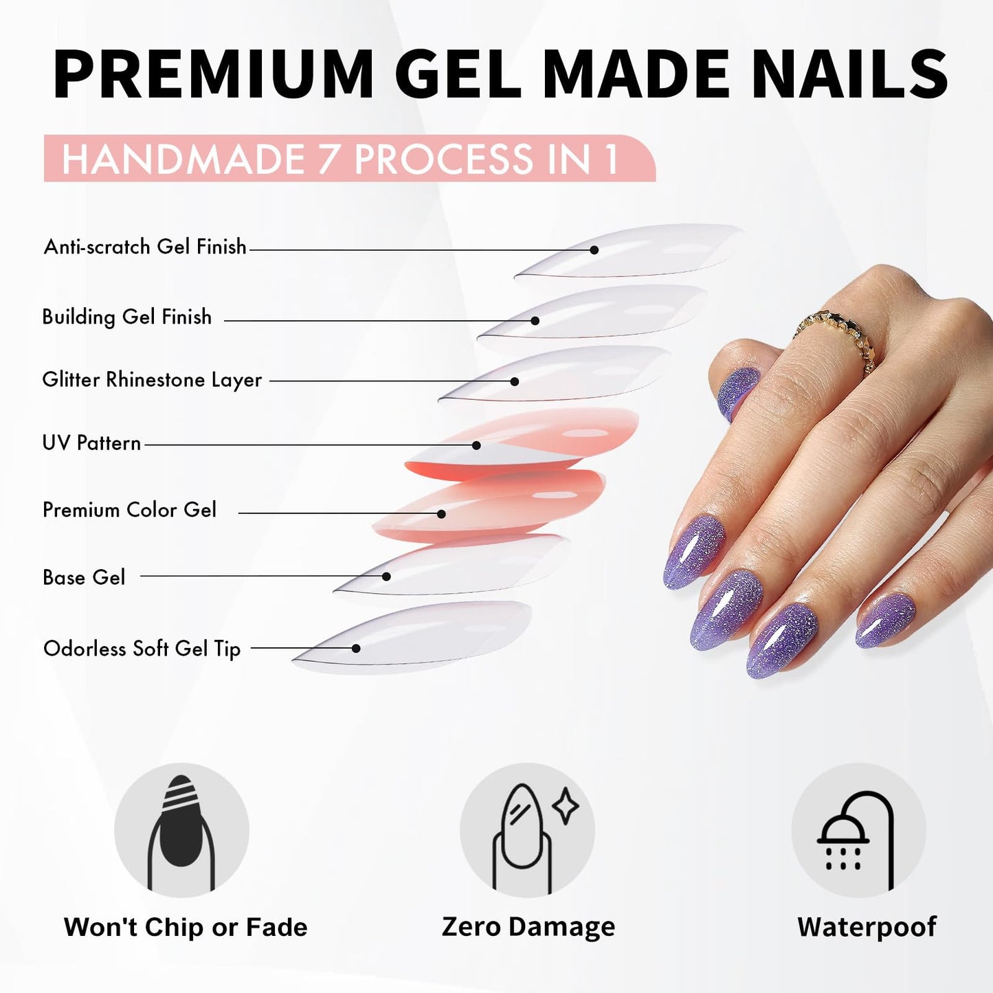 Purple Glitter Press on Nails Almond Short with Sparkling Diamond - SHANGMENG Soft Gel Spring Fake Nails for Women Gift, Glossy Stick on Nails with Glue in 16 Sizes - 32 Reusable Nails, Lavender
