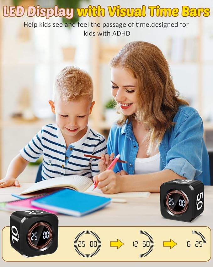 Pomodoro Timer Cube Visual Productivity Flip Timer for Kids Classroom Desk, 5/10/25/50min&Custom Countdown, Silent&Sound Mode Digital Cube for ADHD Study Work School Game Kitchen (Black)