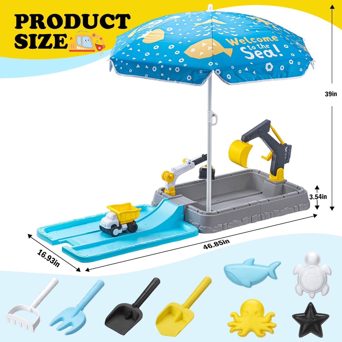 VROGTIK Kids Excavator Sandbox with Umbrella & Cover, Construction Sandbox Set with Beach Toys & Dump Truck, Outdoor Educational Play Set for Toddlers Ages 3-12