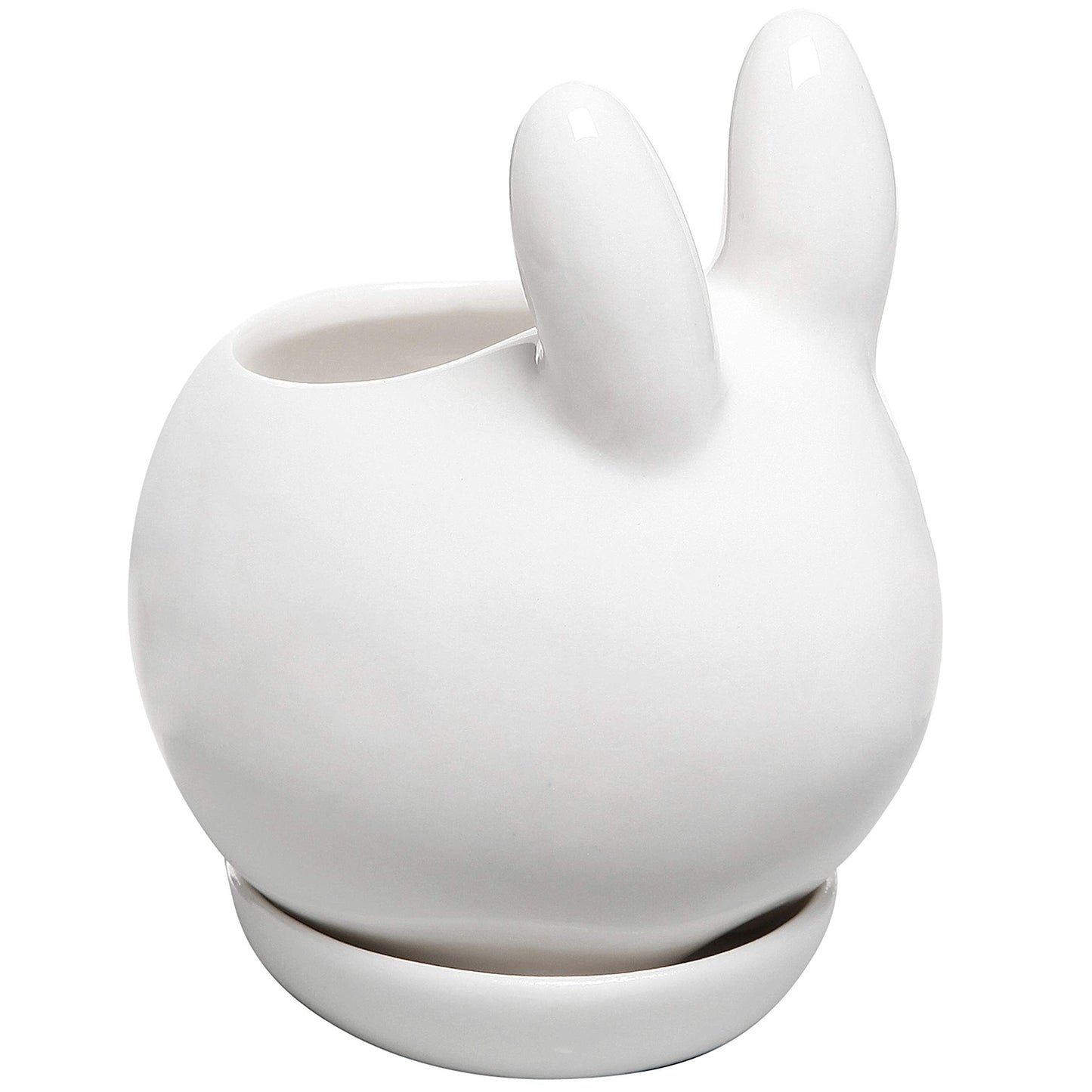 MyGift Mini Ceramic Bunny Planter, Decorative Rabbit Design White Small Flower Pot Succulent Planter with Detached Saucer