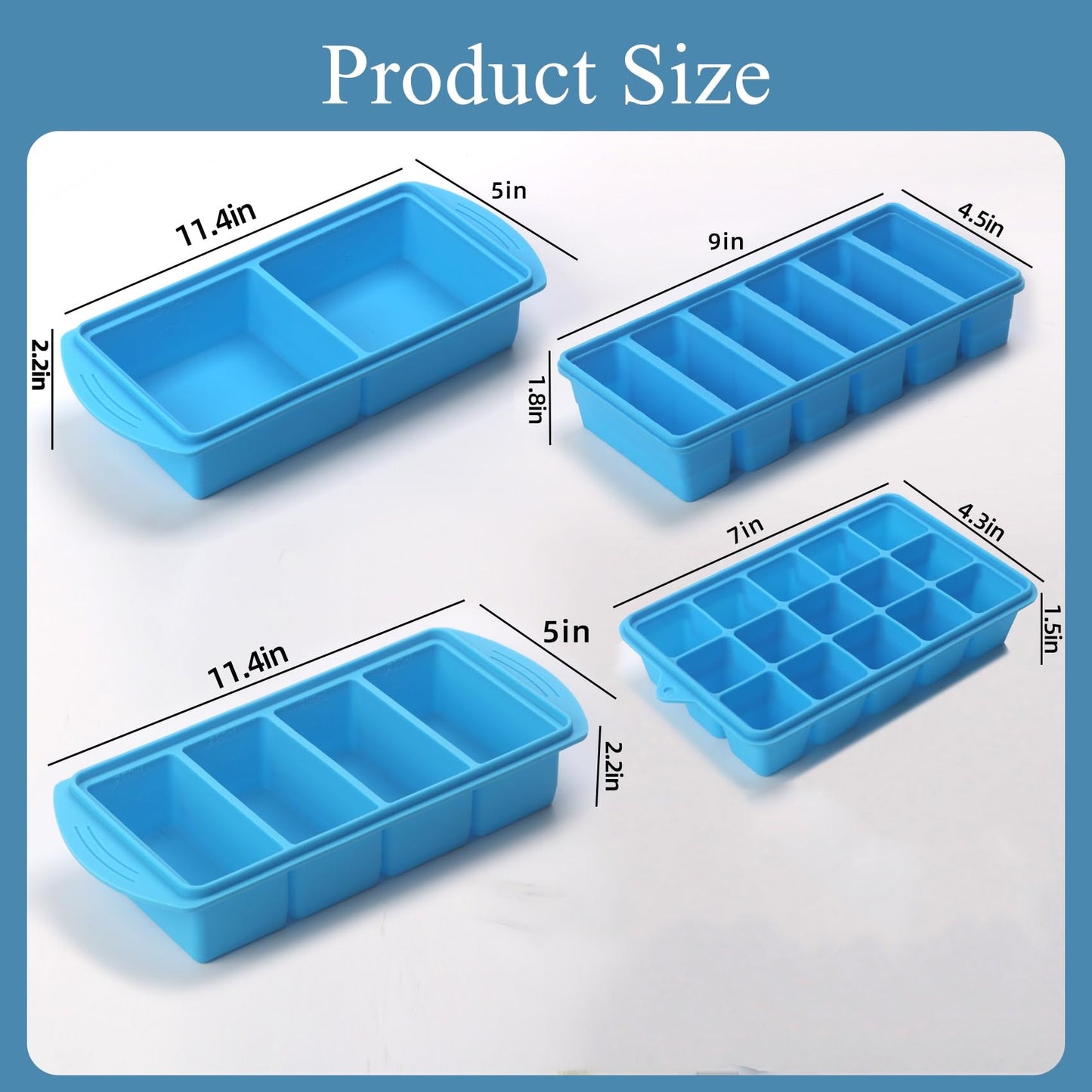 Silicone Freezer Molds Gift Set with 2 Tbsp, 1/2, 1, and 2 Cup Silicone Freezer Trays With Lids - Meal Prep and Kitchen Essentials Bundle (Blue 4 Pack)