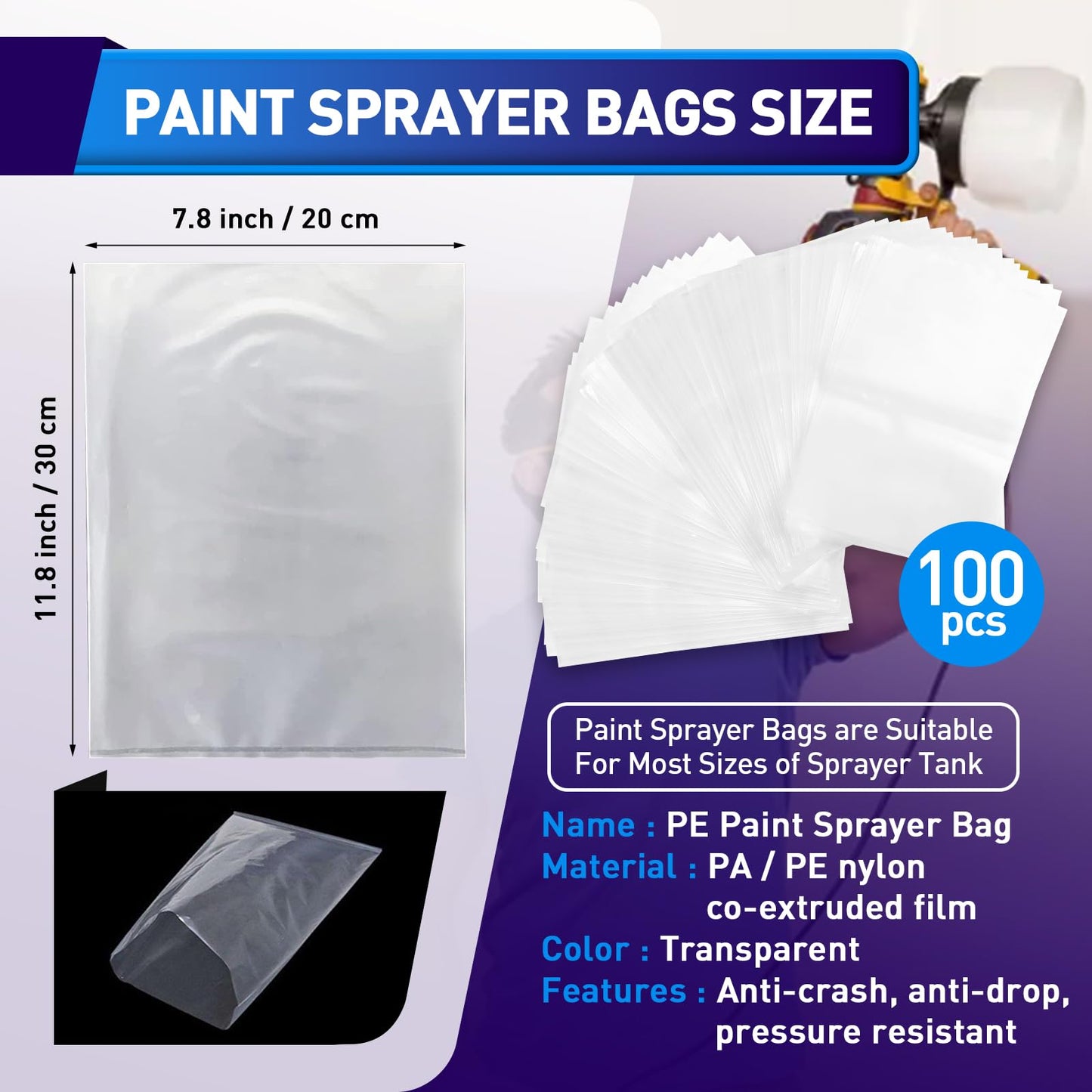Wagner Paint Sprayer Parts - 100 Pieces Sprayer Bags, 7.8'' x 11.8'' Cup Liners, Transparent Spray Gun Canisters