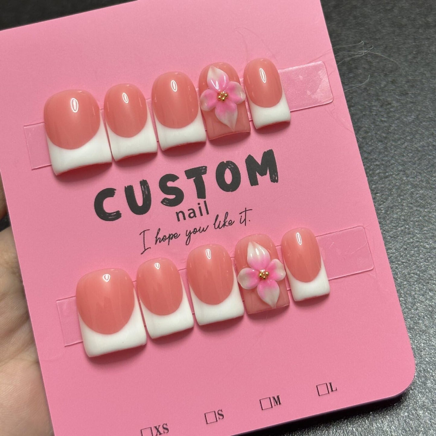 Summer Press on Nails Medium Square Pink White Handmade French Flower Glossy False Nails Easy Application Durable Comfortable Trendy Women Girls Nails Art Accessories 10 Pcs S