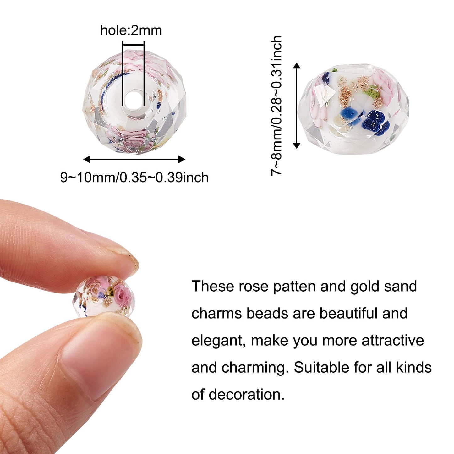 Craftdady About 60Pcs Handmade Gold Sand Lampwork Faceted Rondelle Glass Beads Strands Flower Inlaid Spacer Loose Beads for DIY Jewelry Making Hole: 2mm (White)