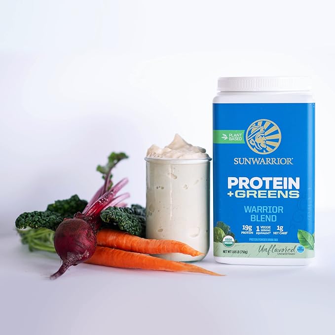 Sunwarrior Warrior Blend Protein Greens Powder Drink Mix | BCAA Plant Based Organic Hemp Seed Vegan Gluten Free Non-GMO Low Carb Protein Powder | Unflavored 750 G 30 SRV
