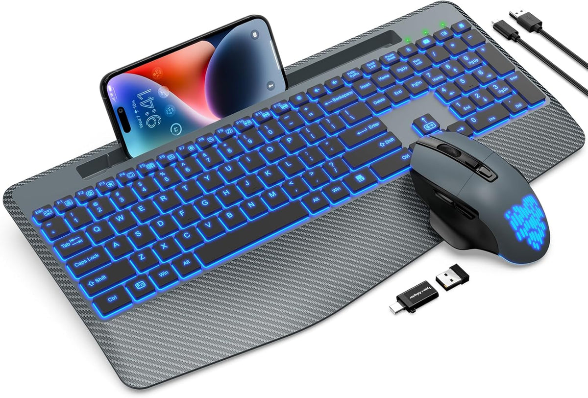 Wireless Keyboard and Mouse Backlits, Wrist Rest, Jiggler Mouse, Rechargeable Ergonomic Keyboard with Phone Holder, Silent Light Up Combo for Computer, Mac, PC, Laptop, Chromebook (Bright Gray)