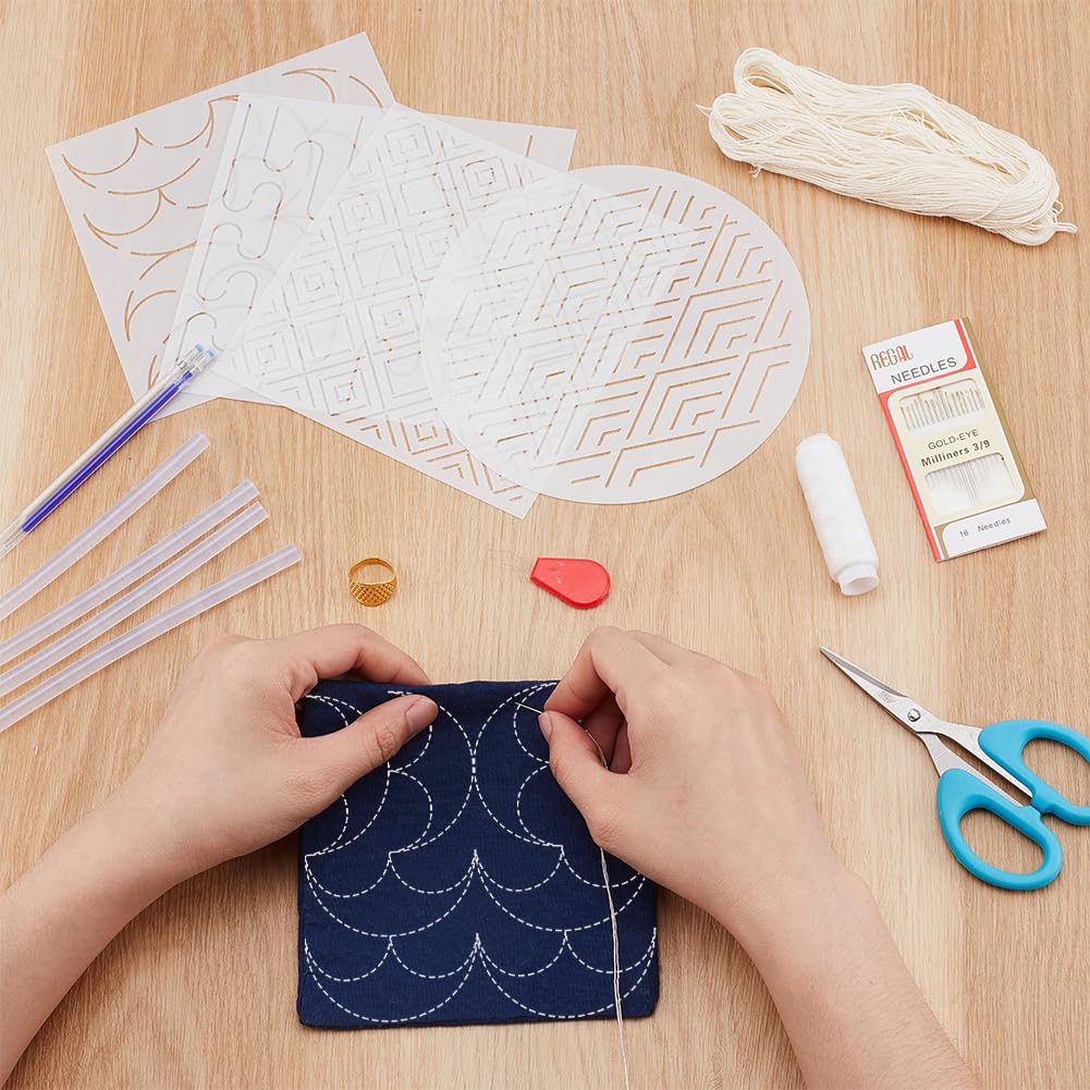 WEBEEDY 4 Sets Sashiko Starter Coaster Kit for Beginners, Japanese DIY Tea Mat Sewing Kit with Sashiko PET Templates, Needles, Thread for Table Cup Mat Embroidery Christmas Craft Decor Gift