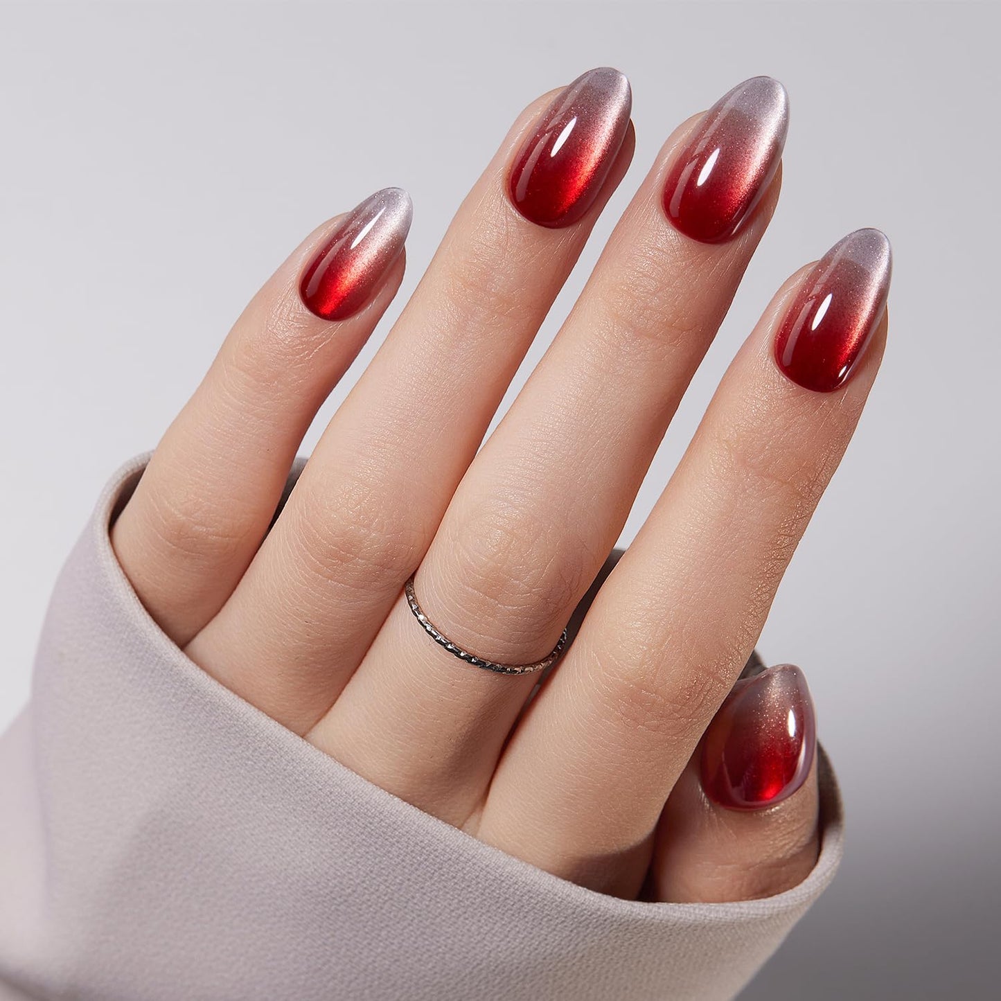 VSALON Press On Nails Short Almond, Cherry Red Cat Eye Spring Glue on Ombre Chrome Fake Nails With UV Cure Glue, Reusable Salon Quality Summer Stick On Nails False Nails Kit, 32 Pcs 16 Sizes