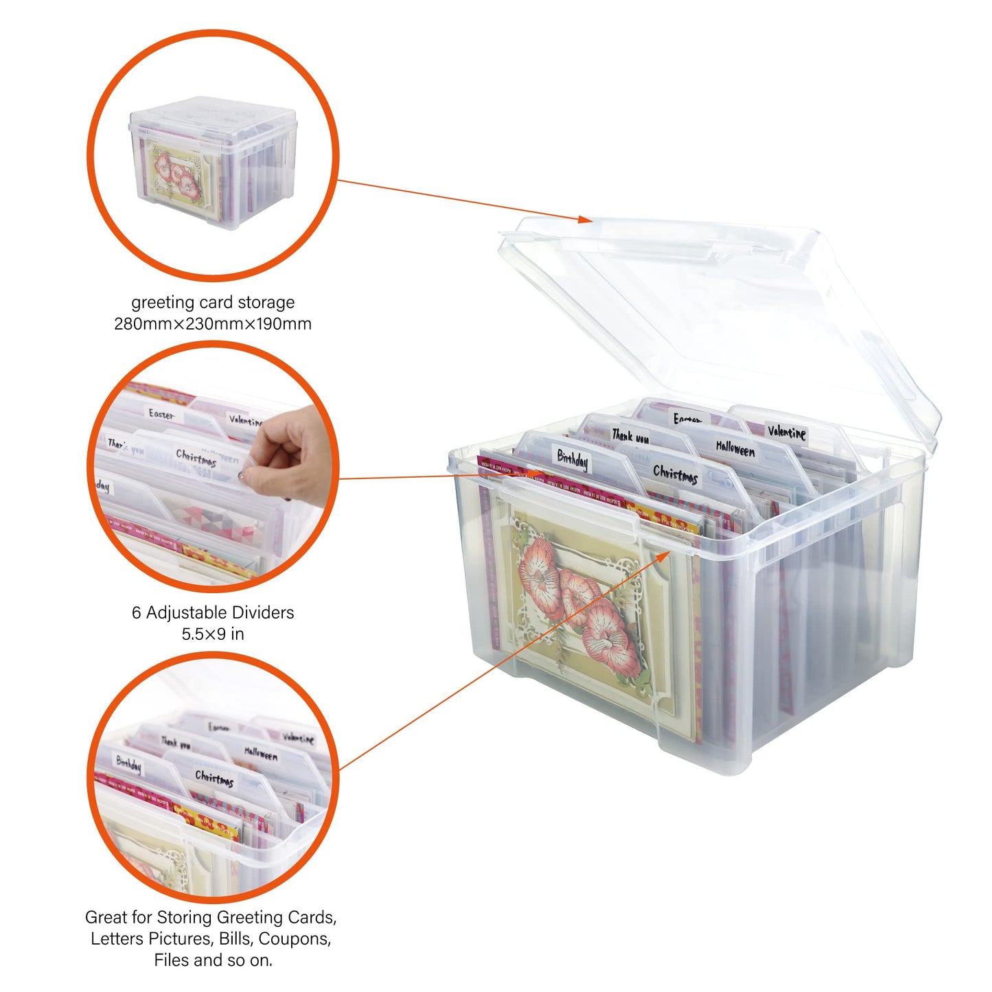 Find Scrapblooms Greeting Card Storage & Organizer Box with 6 Removable Dividers for Holiday Birthday Get Well Cards Photos, Crafts, Scrapbooking(Clear)