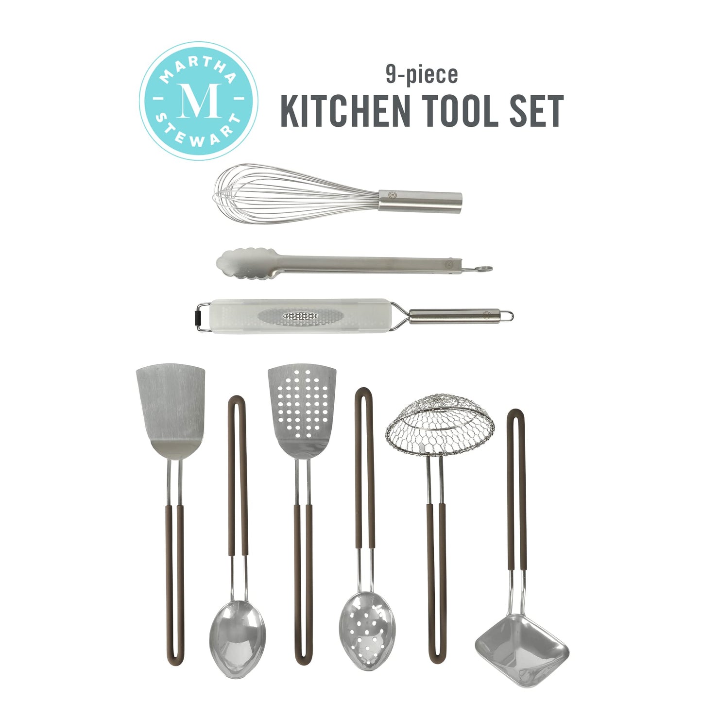 Martha Stewart 9-Piece Stainless Steel Kitchen Gadget & Tool Set – Prep and Serve Utensils, Durable & Rust-Resistant, Dishwasher Safe Cooking Accessories