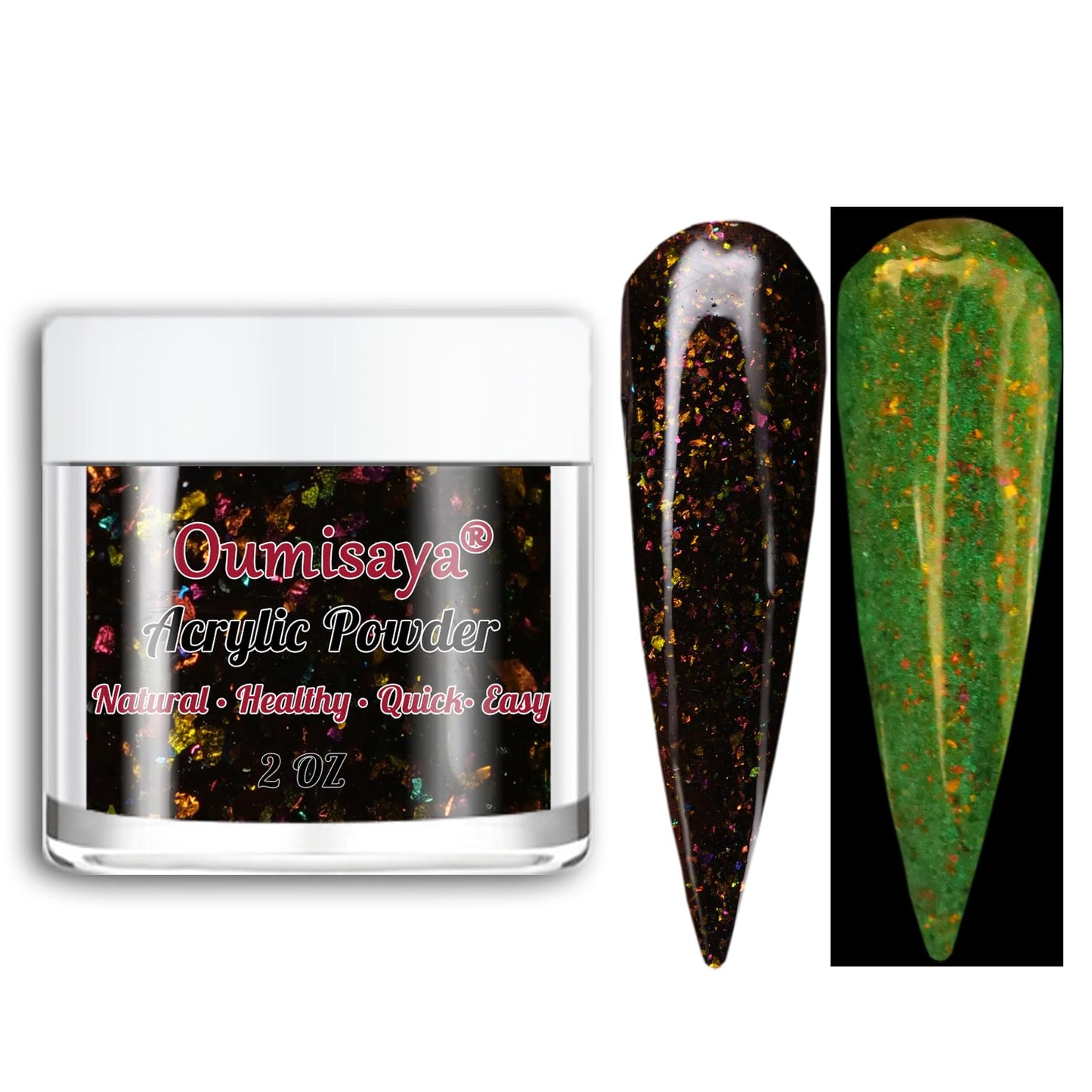 Glow in the dark Black Nail Acrylic Powder Mixed with Holographic Chameleon Opal Flakies (Black63bh, 2OZ)