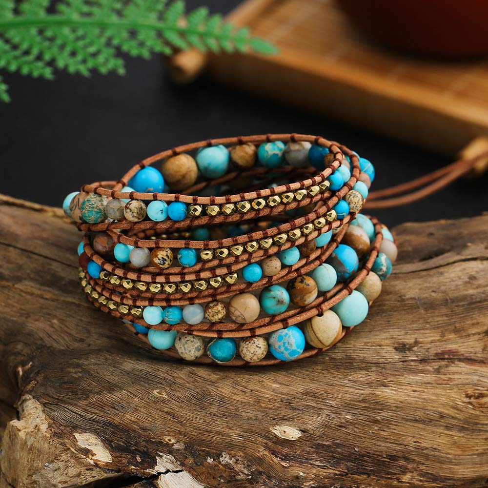 Plumiss 4mm 6mm 8mm Turquoise Jasper Hematite Bead Mixed 5 Wraps Stackable Bracelet Jewelry