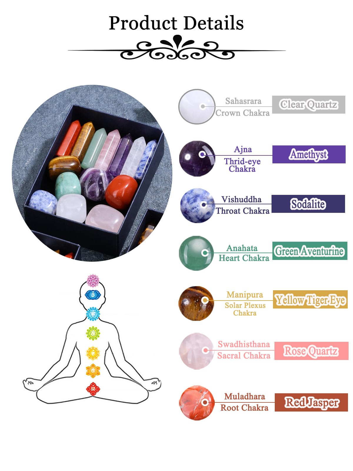 MANIFO Healing Crystals Stones Set in Box, Hexagonal Pointed Crystal Wand with 7 Chakra Tumble Stone for Chakra Meditation Christmas Gifts