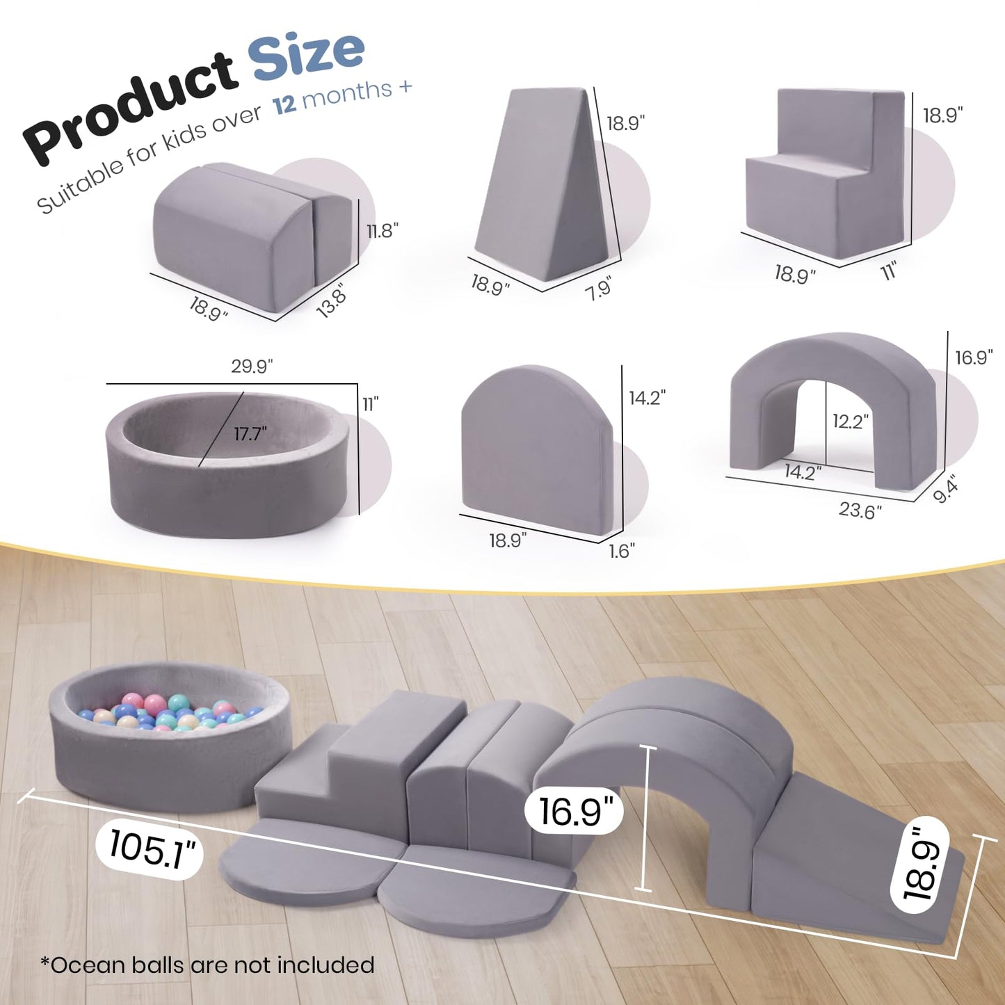 Rinnebbit 9-Piece Foam Climbing Blocks for Toddlers, Baby Climb and Crawl Soft Play Set with Ball Pit, Machine Washable Cover, Indoor Activity Play Structure, Climbing Toys for Toddlers 1-3 (Gray)