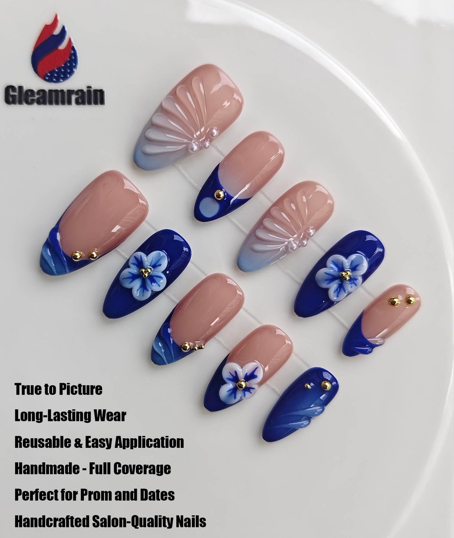 Gleamrain Almond Medium Handmade Press on Nails for Women, Handcrafted Floral Design Reusable Full Cover Fake Nail for Daily Wear Party Birthday D302