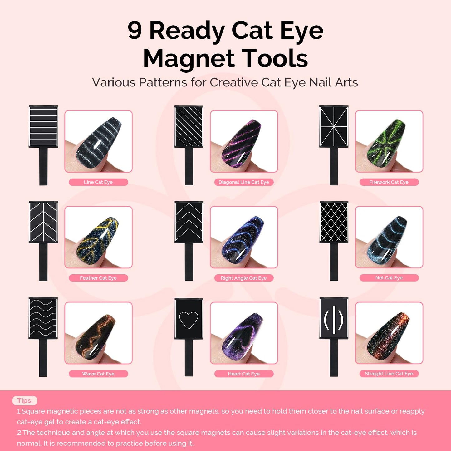 MelodySusie Nail Magnet Set, 21PCS Cat Eye Gel Nail Polish Magnets, Round Square Double Ended Magnet Stick, Cat Eye Magnet for Nails, Strong Magnetic Nail Polish Magnets Nail Design Tools