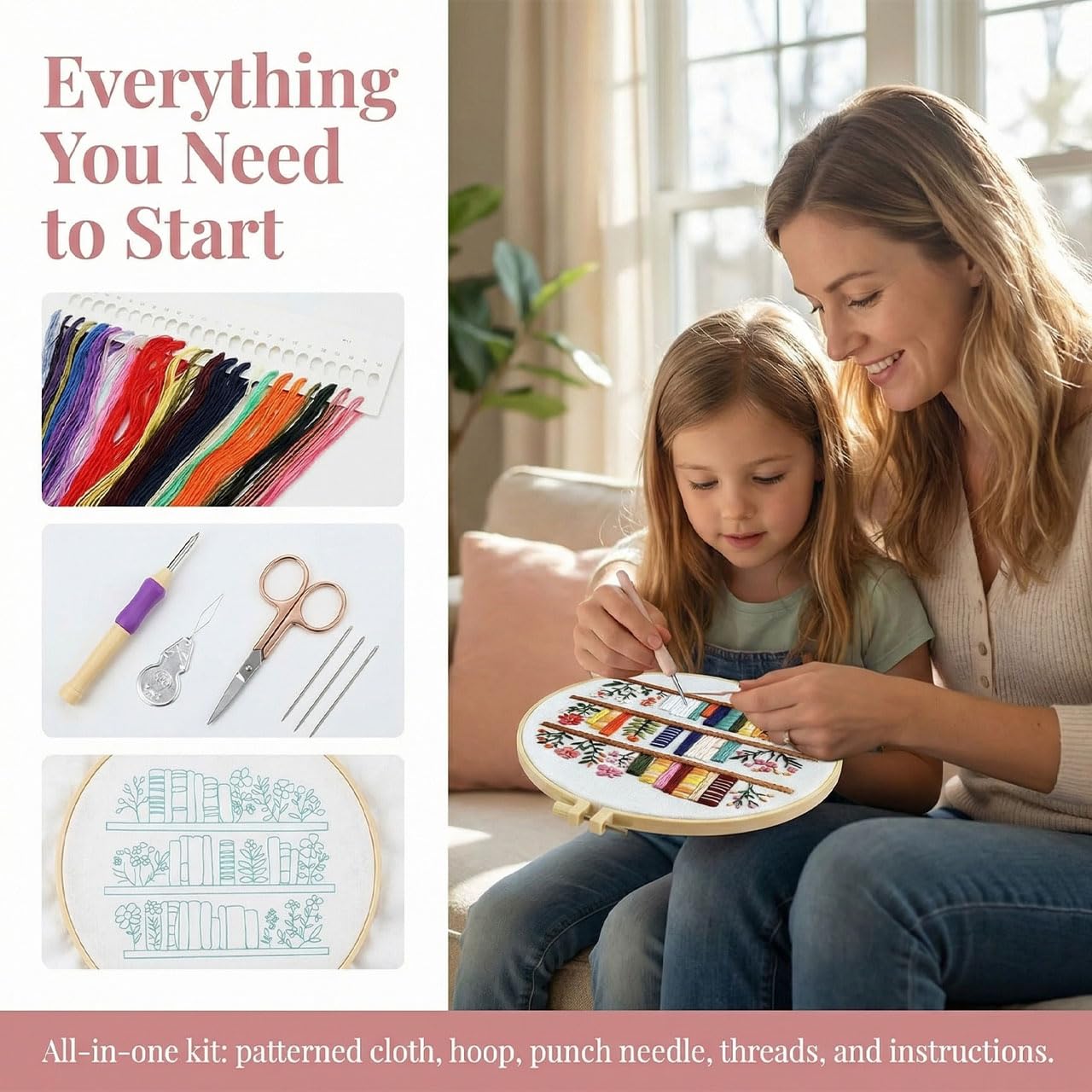 BLMRME 3 Pack Embroidery Kit for Beginners, Stamped Floral & Book Pattern Embroidery Kit, DIY Needlepoint Starter Kit with Instructions, Complete Set for Adults, Home Office Decor