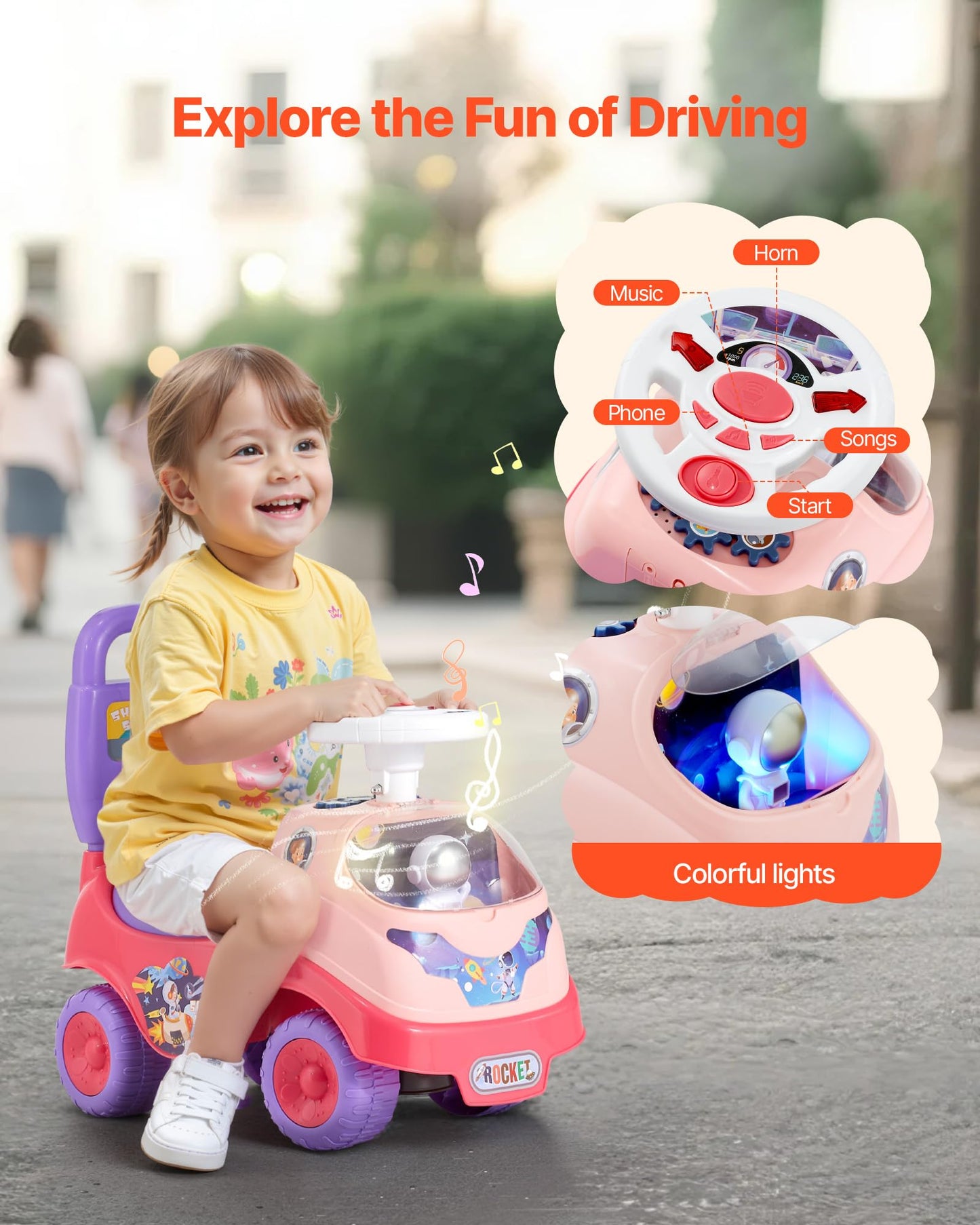 VEVOR Ride On Toddler Push Car, Push Car for Toddler 19 to 36 Months, Kids Ride On Toy with Horn & Music, 48.5 lbs Load Capacity, Under-seat Storage, Foot-to-Floor Walker for Toddlers Boys Girls, Pink
