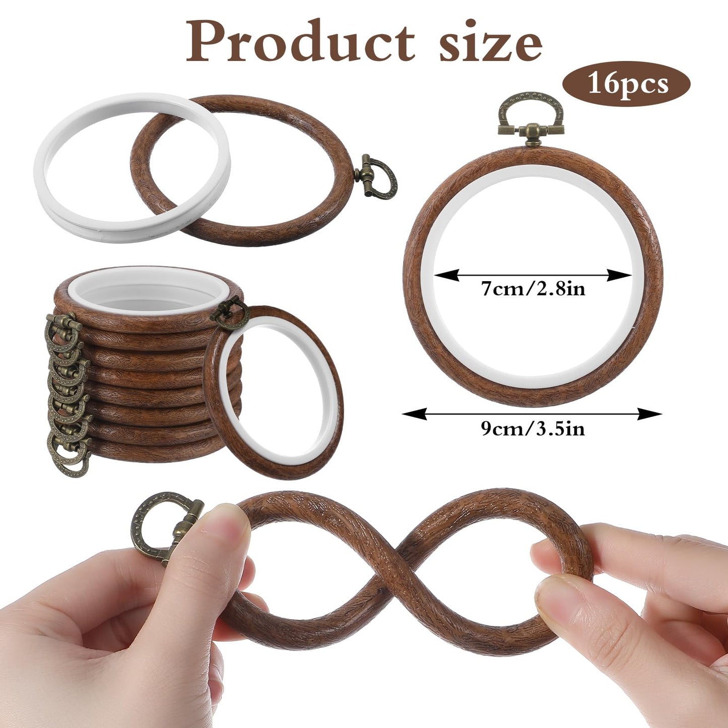 16 Pcs 3 Inch Round Embroidery Hoop, Circle Rubber Decorative Embroidery Hoop Frames for Display, Imitated Wood Cross Stitch Ornament for Christmas Craft Sewing DIY Hanging Gifts
