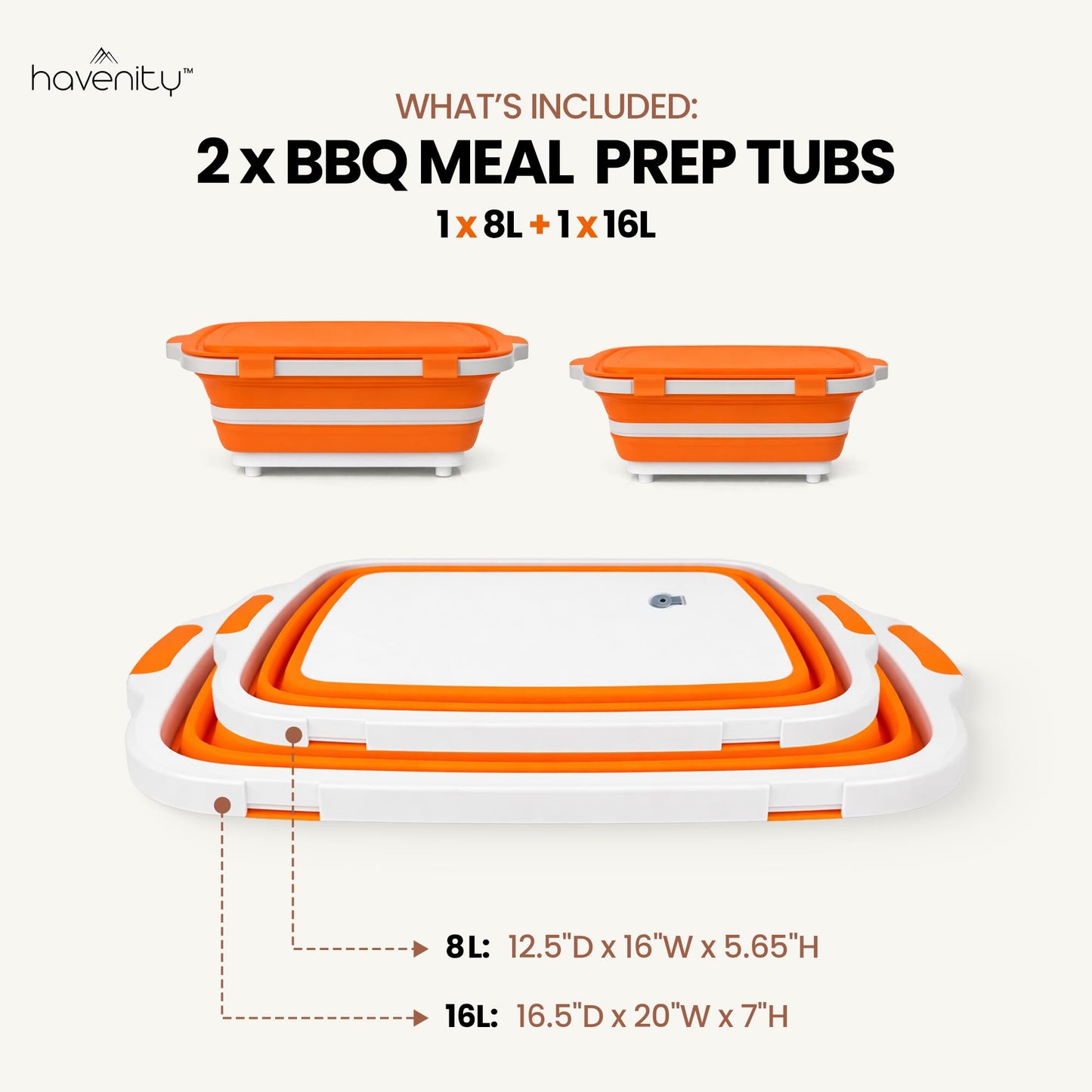 Havenity BBQ Prep Tub 2 Pack (8L+16L) - Multifunctional Collapsible Camping Cutting Board with Upgraded Locking Lid, Meal Prep Meat Storage Container Perfect for Grilling, Outdoor (Large + XL)