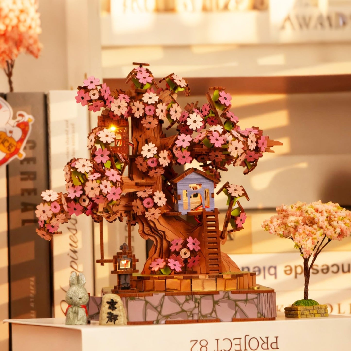 Sakura Tree House DIY Miniature House Kit for Adults, 564PCS 3D Wooden Puzzle with Light, Japanese Cherry Blossom Building Set, Wooden Craft Model Home Decor Gift