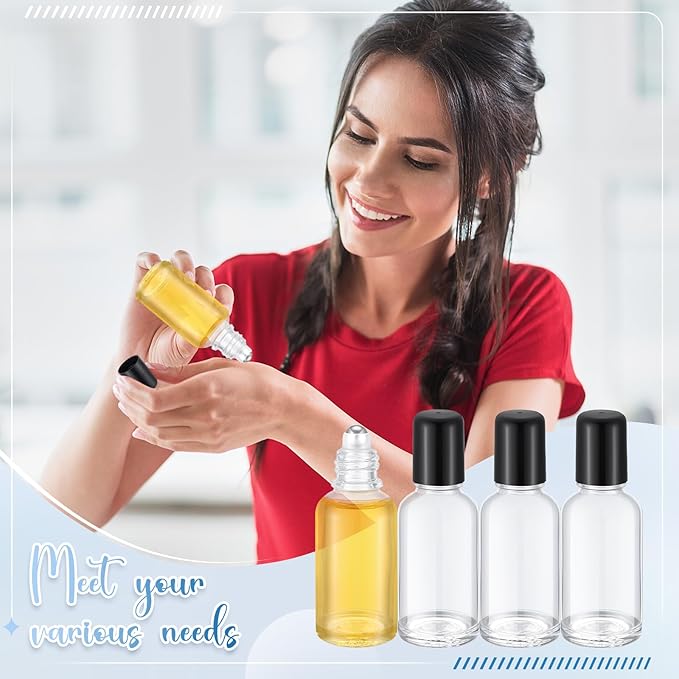 Sumind 12 Pcs 30ml Roller Glass Bottle Essential Oil with Stainless Steel Refillable Sample Container Brown Empty Roller Bottle Applicator with Funnel Sticker for Travel(Clear)