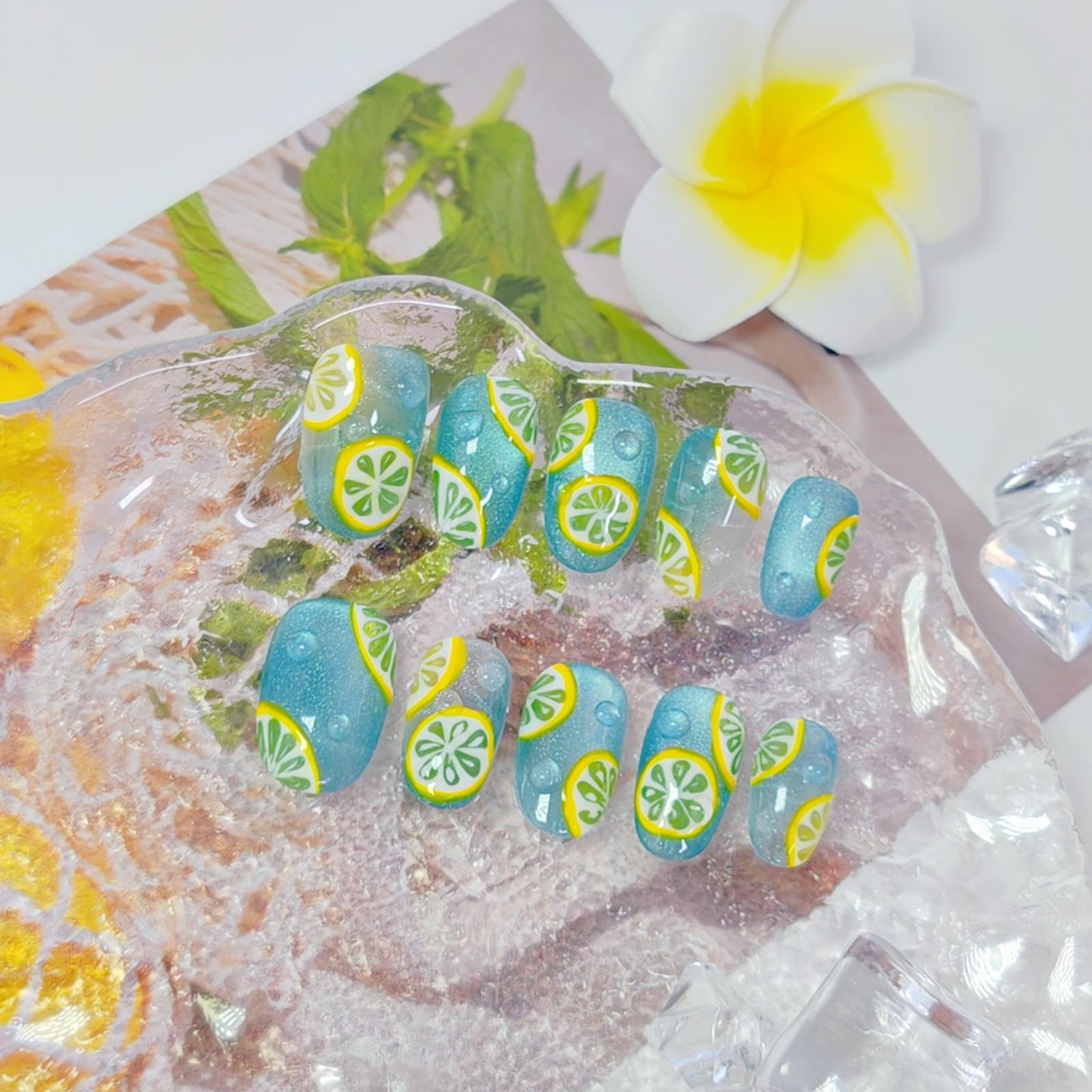 Short/Medium Oval Nails Handmade Glitter Press on Nails with Designs, Cat Eye/Aurora Women Reusable False Nails (Sea Salt Lemon#Medium)