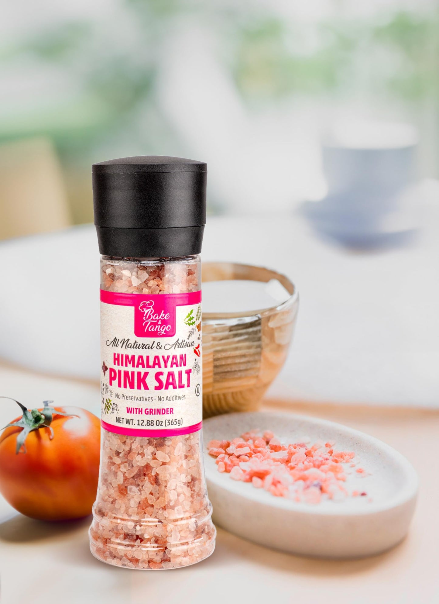 Bake & Tango Natural Himalayan Pink Sea Salt with Grinder, High-Tech Grinder Artisan Himalayan Pink Salt for Cooking, Seasoning, Grilling & Baking, No Preservatives or Additives, 12.88 oz, Pack of 6