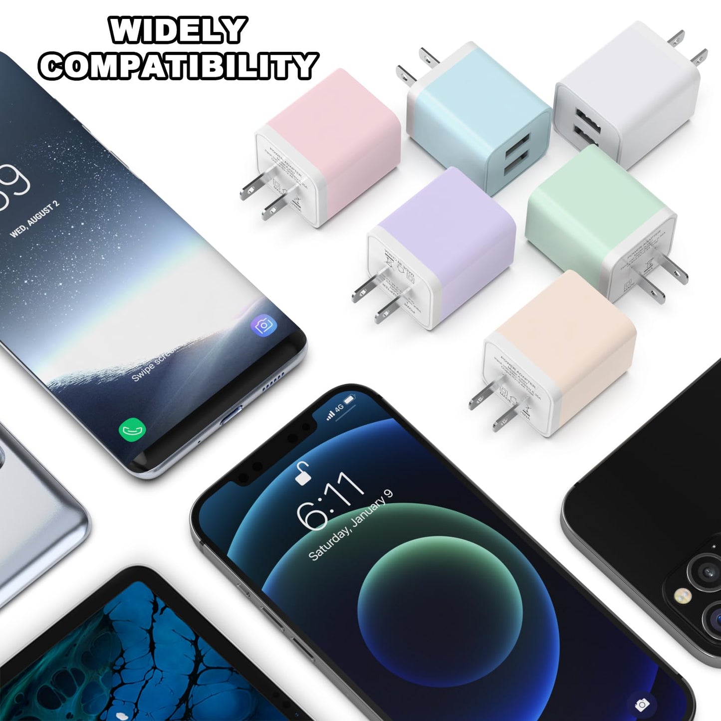 6Pack USB Wall Charger, iGENJUN 2.4A Dual USB Port Cube Power Plug Adapter Fast Phone Charger Block Charging Box Brick for iPhone 15/15 Pro/15 Pro Max/14, Samsung Galaxy, Pixel, LG, Android-Multicolor