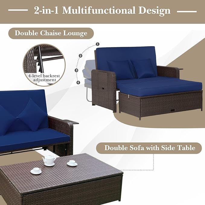 HAPPYGRILL Patio Rattan Wicker Daybed with Loveseat & Storage Ottoman, Outdoor Lounge Sofa Furniture Set with Adjustable Backrest & Side Trays, for Poolside Deck Porch Lawn (Mix Brown & Navy)