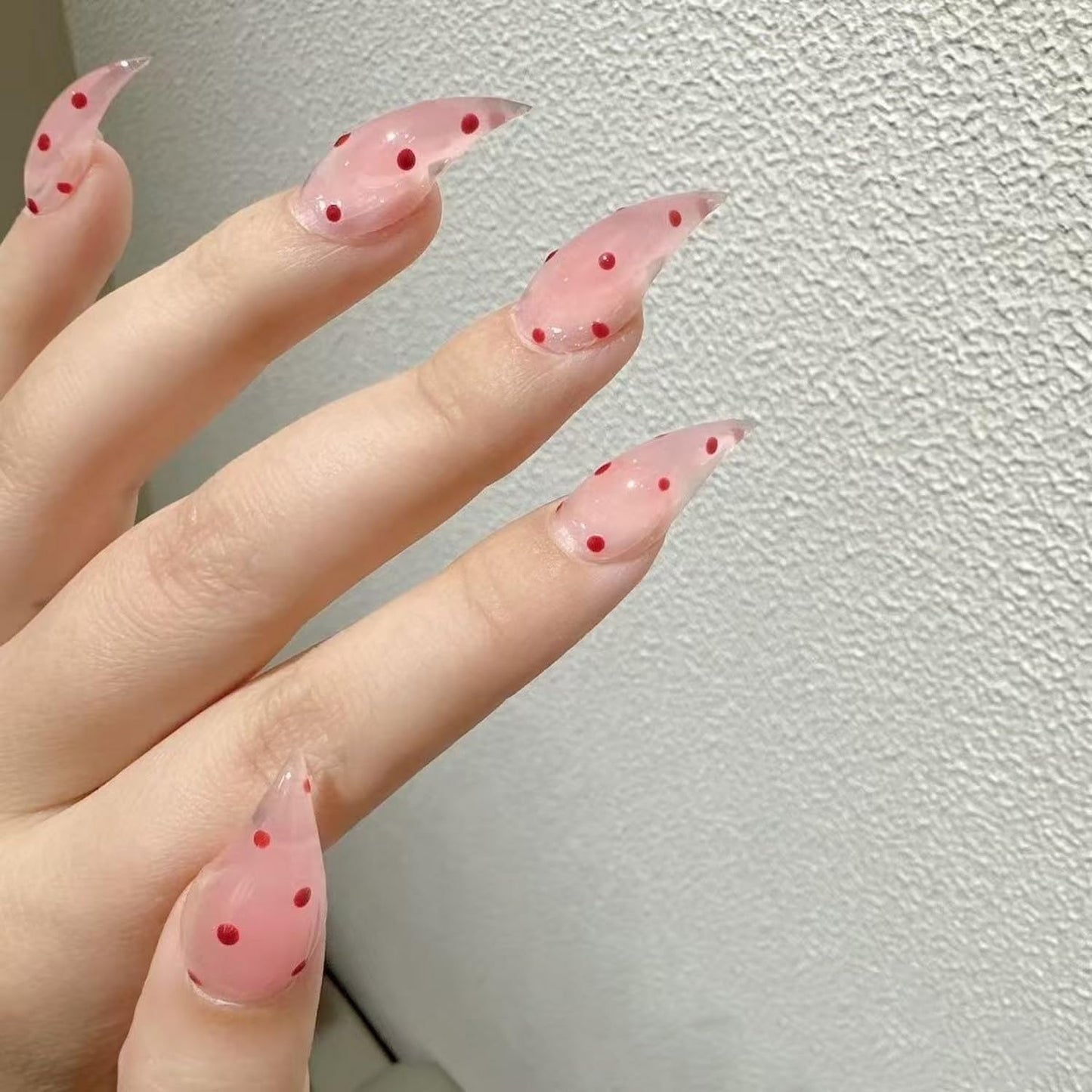 Handmade Press on Nails Red Polka Dot Fake Nails Designs Extra Curved Stick on Nail Full Cover Pink Eagle Claw False Nails Luxury Thicked Long Stiletto Acrylic Nail for Women (Size M)