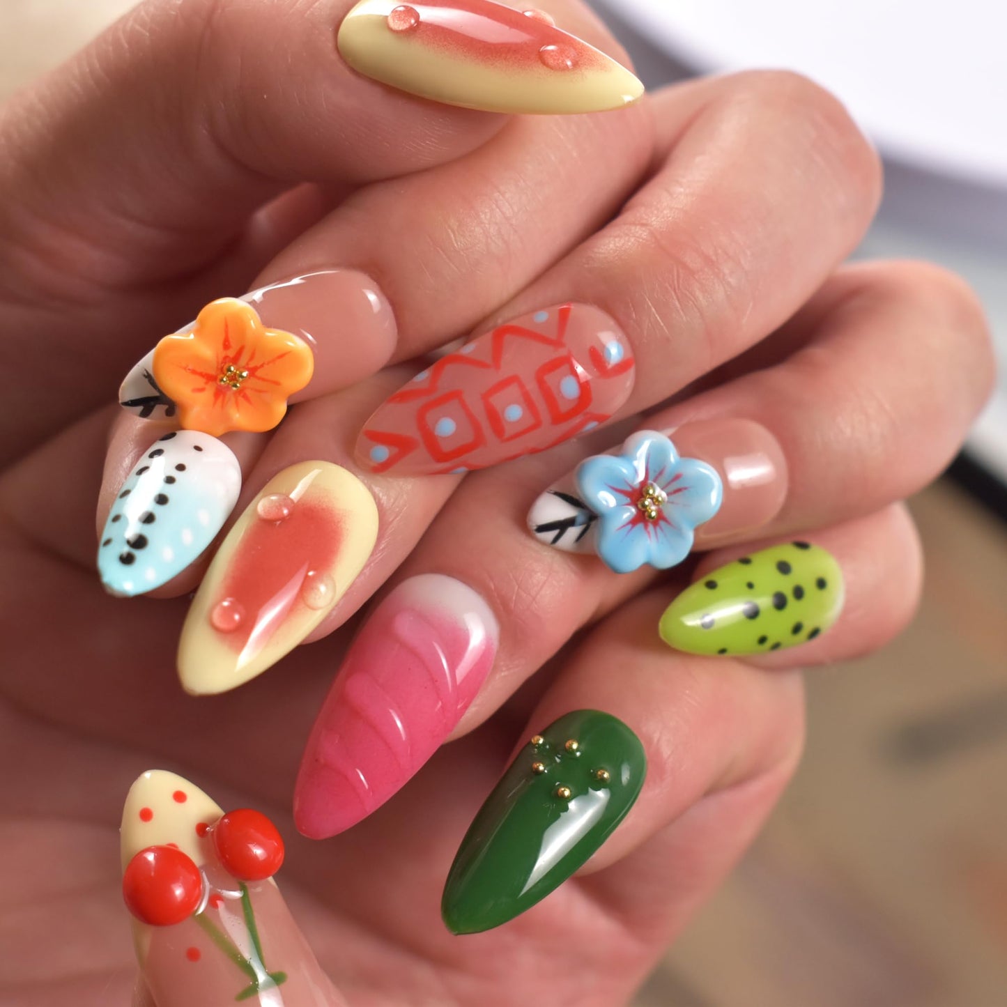 LIFOOST Handmade Press On Nails Almond 3D Hand Painted Flower Fake Nails with Cherry Droplet Designs Reusable Stick On Kit