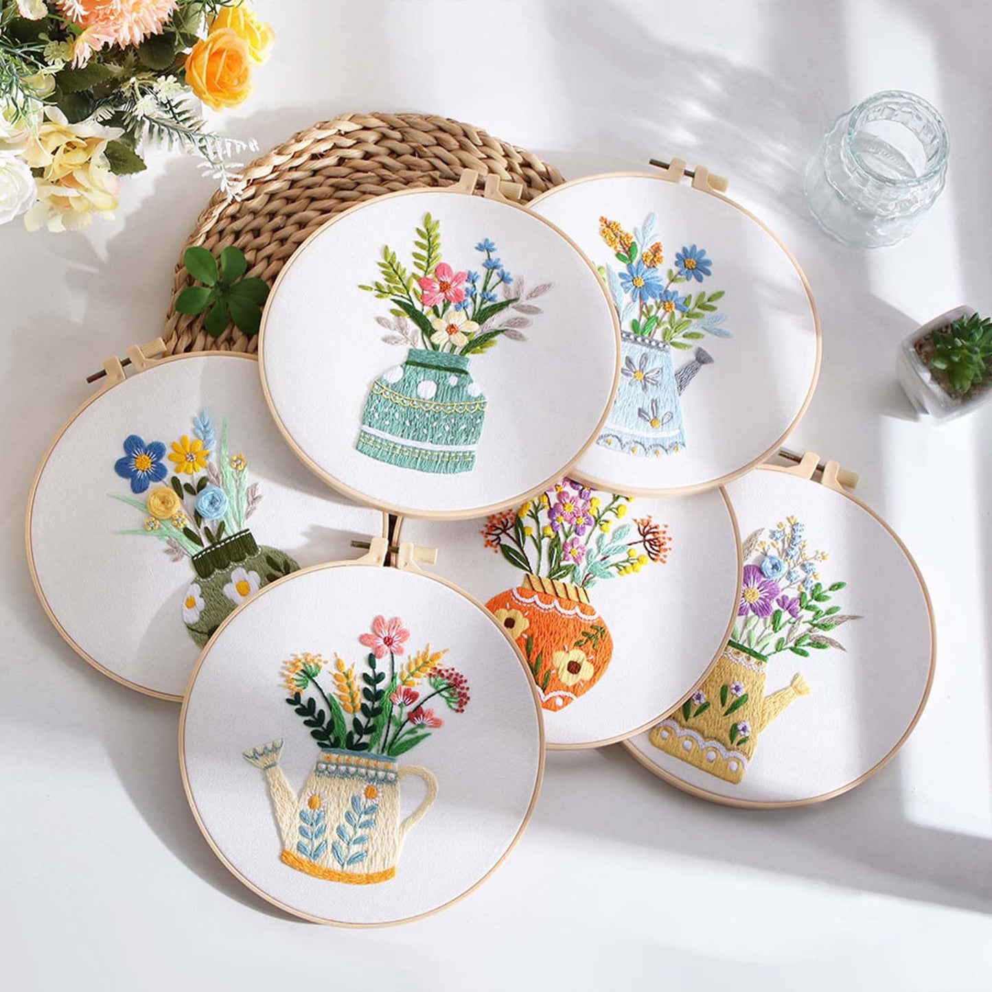 GLTAYLMY 3pcs Embroidery Starter Kit with Vase Pattern, Stamped Cross Stitch Kits for Beginners Adults with Embroidery Hoop and Instructions, Hand Embroidery Kit