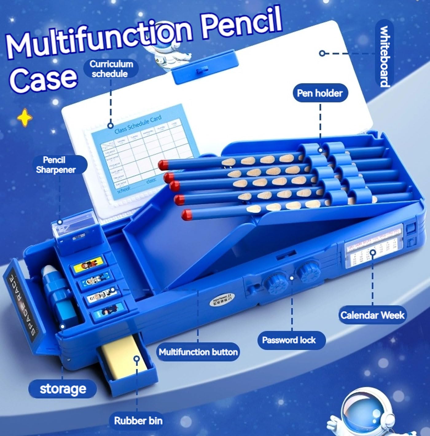 Pop up Multifunction Pencil Case for Kids Unique Stationery Set School Supplies Astronaut Pen Box for School Students Cute Pencil box for Boys with Sharpener Password Lock Schedule Whiteboard(Blue）