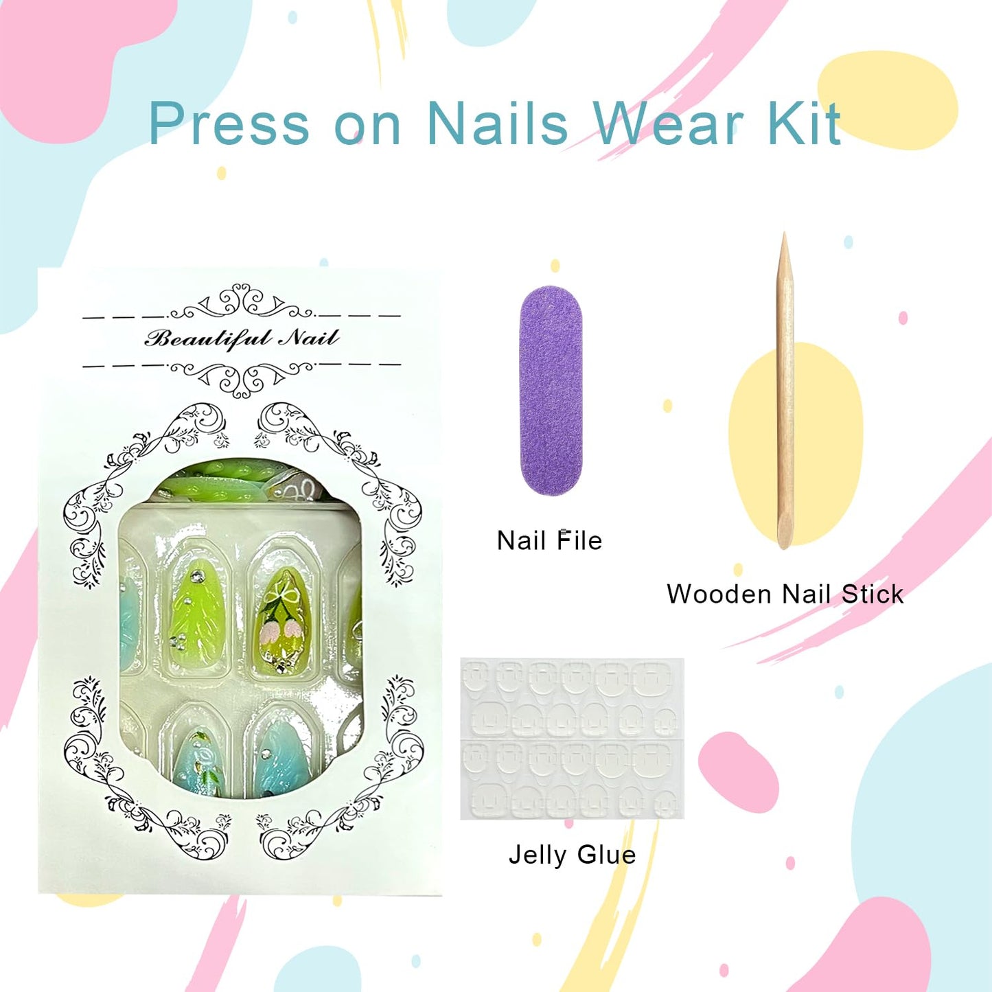 3D Flower Press on Nails Short Almond Fake Nails with Rhinestones Pearls Butterfly Bow Designs Spring False Nail Acrylic Artificial Fingernails Summer Stick on Nail for Women 30Pcs