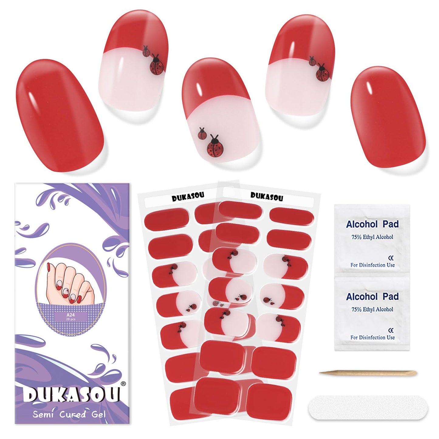 Semi Cured Gel Nail Strips,28 Pcs French Nail Stickers Full Wraps, Polish Stickers Stick On Nails,UV Lamp Cure,Easy to Apply(French red)