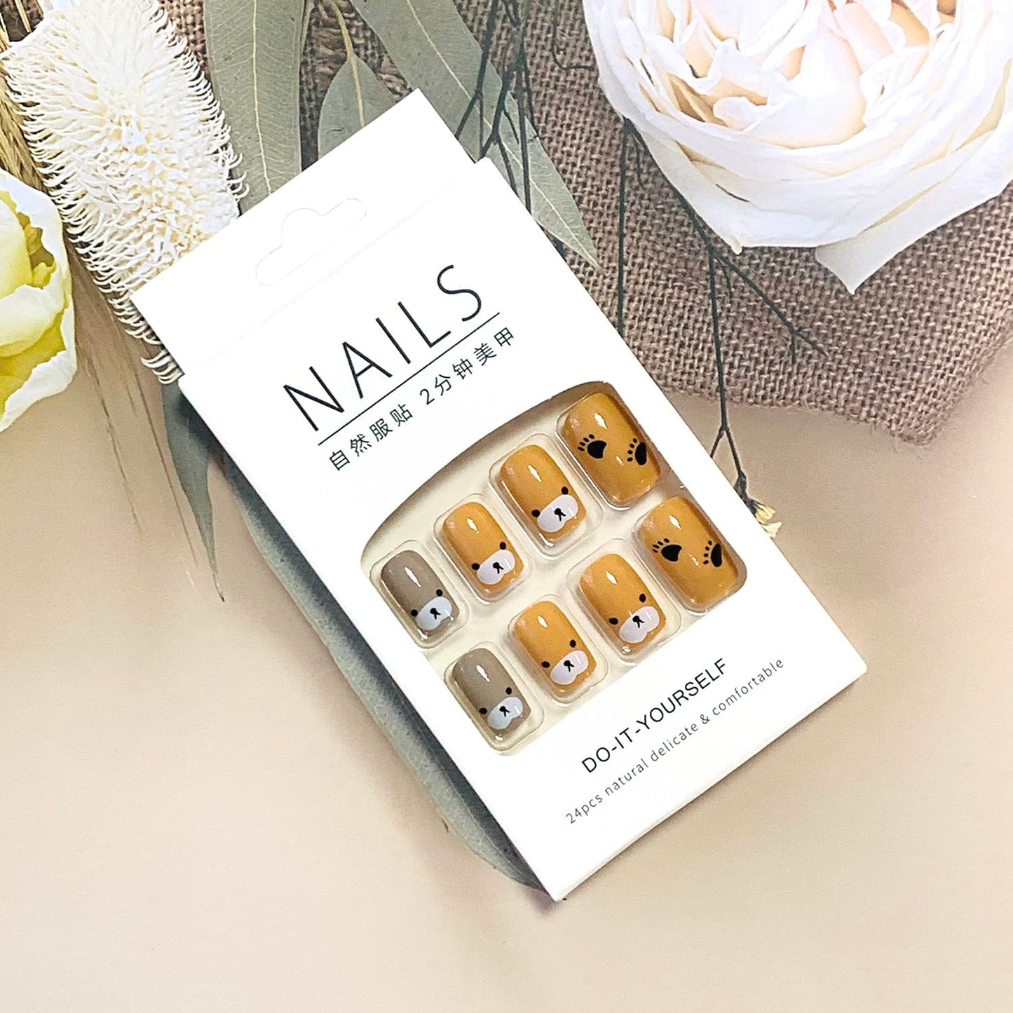 EYZOTSF Press on Nails Square Short Length Acrylic Glossy Full Cover Cute French False Nails with Bear Designs Artificial Extra Short Square Shaped Fake Nails Glue ons Fingernails for Women