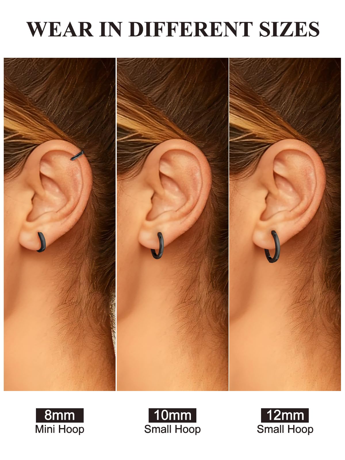 SILVERCUTE 925 Sterling Silver Huggie Hoop Earrings for Women,Hypoallergenic Black Small Hoop Earring Cartilage Earring Lightweight Huggies Earrings for Women,8/10/12mm
