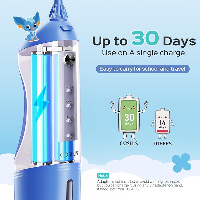 COSLUS Cordless Water Flosser for Kids, Cute Water Dental Pick for Teeth, Braces, Gums Care - 4 Modes for Users Ages 6+, Safe & Gentle, Rechargeable, Waterproof, Portable for Travel, Blue White, C31