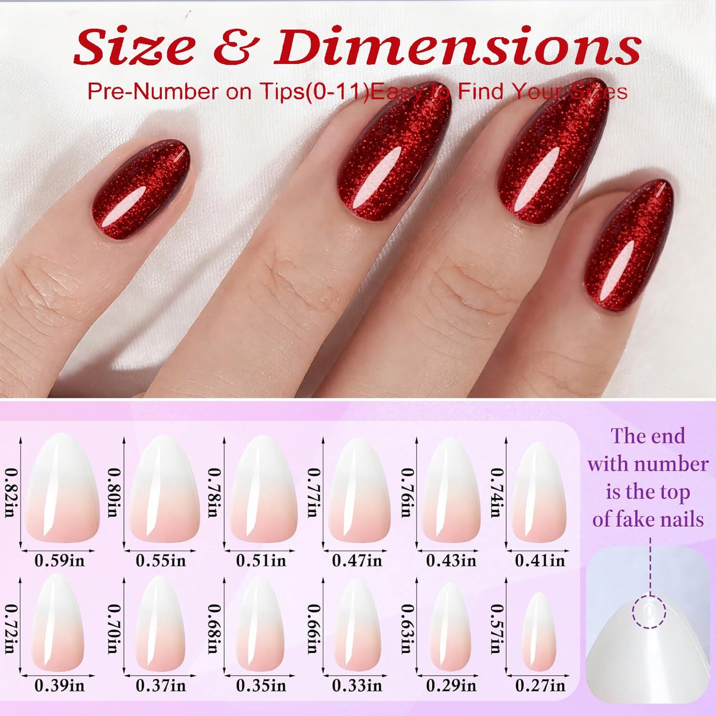 Red Glitter Press On Nails Almond -Short Press On Nails with Nail Glue, Fit Perfectly & Natural Reusable Stick On Nails in 12 Sizes - 24PCS Soft Gel Glue On Nails Kit