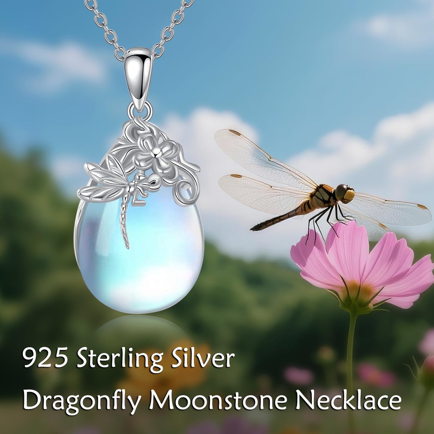 YAFEINI Moonstone Necklace Sterling Silver Moonstone Pendant Dragonfly Jewelry for Women Mom