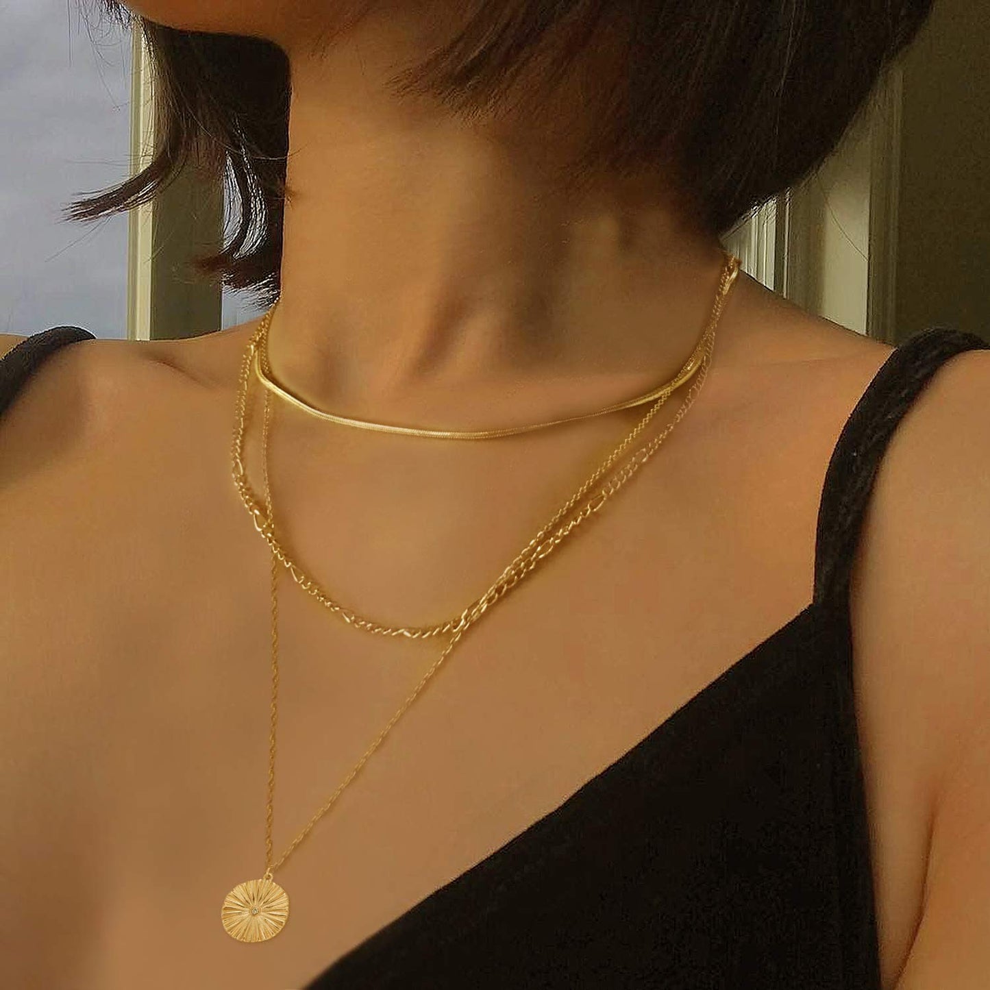 LANE WOODS Layered Necklaces for Women: 14K Gold Plated Long Necklace with Sunburst Pendant