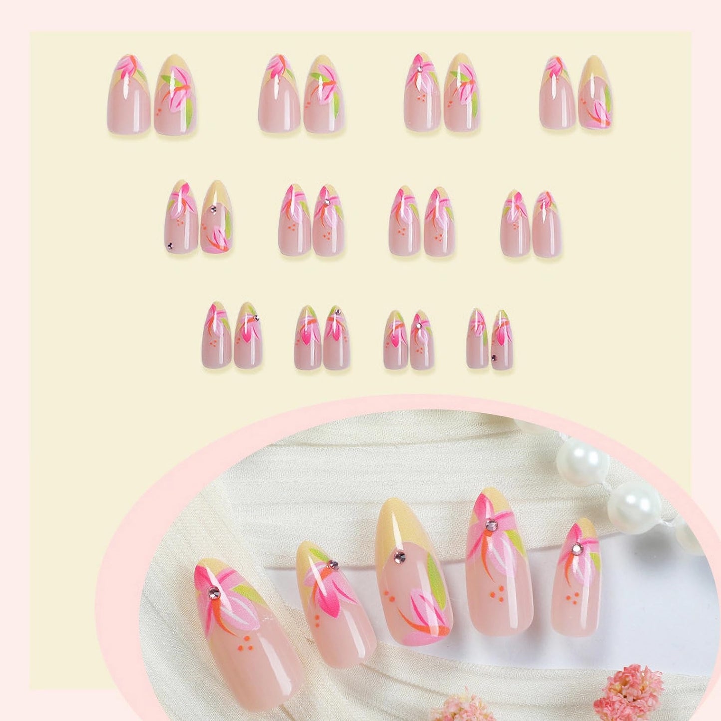 MISUD Press on Nails - Medium Almond Fake Nails with Pink Flower, Acrylic Yellow French Tip Design 24 pcs