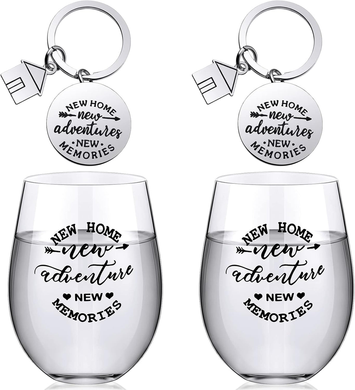 Lallisa 4 Pcs Housewarming Gifts for New House 2 Stemless Wine Glasses Bottle and 2 New Home Keychain Adventures Keyrings for Newlywed Couple, Friends, Apartment Homeowner Newlywed
