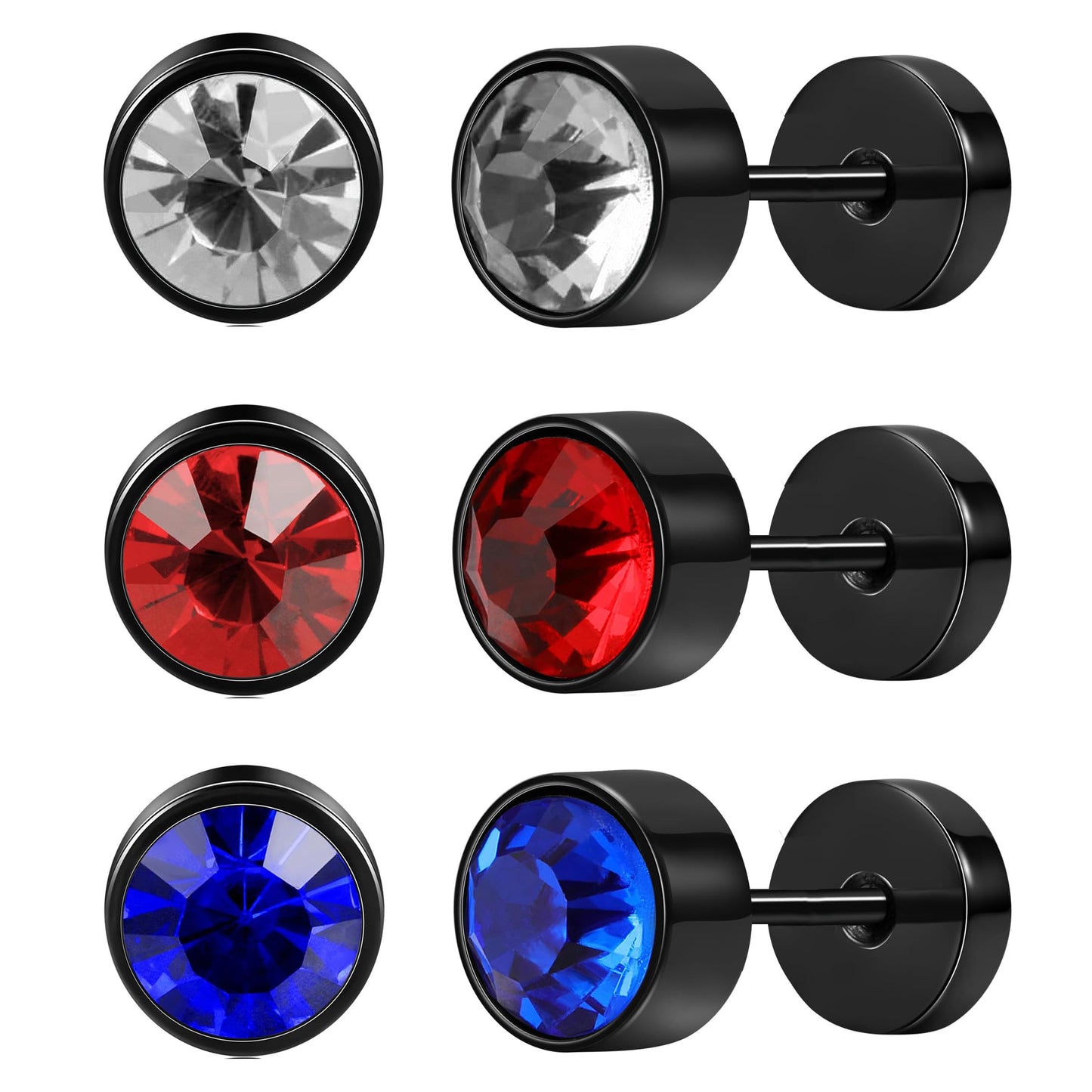 Pack of 3 Titanium Screw Back Stud Earrings for Women Men 20G Hypallergenic, Stainless Steel, Cubic Zirconia